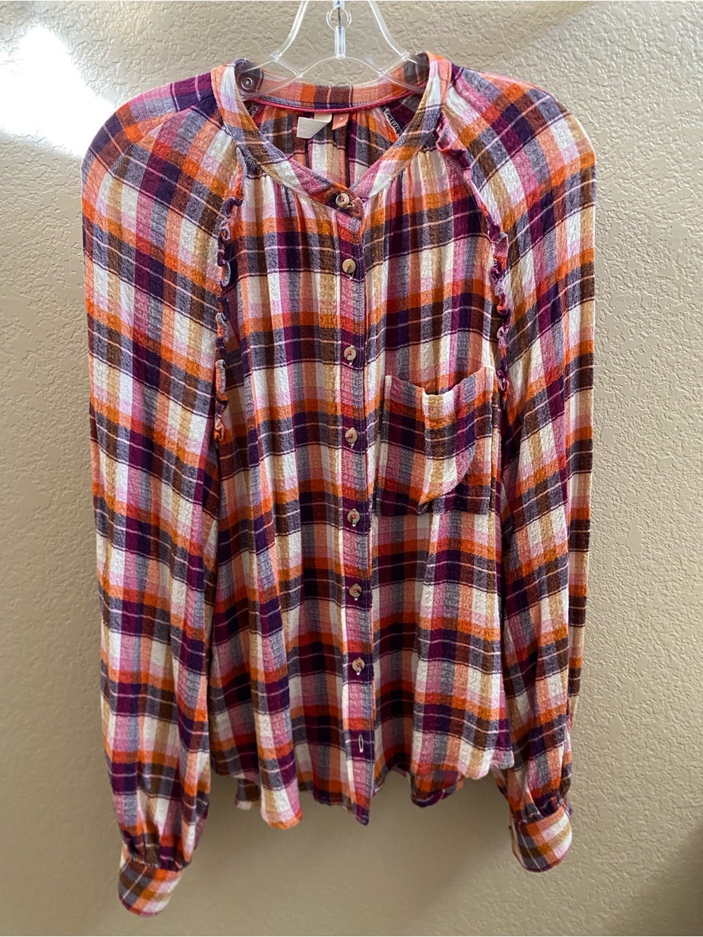 Pilcro Plaid Button-Down Shirt in Orange, Purple & White